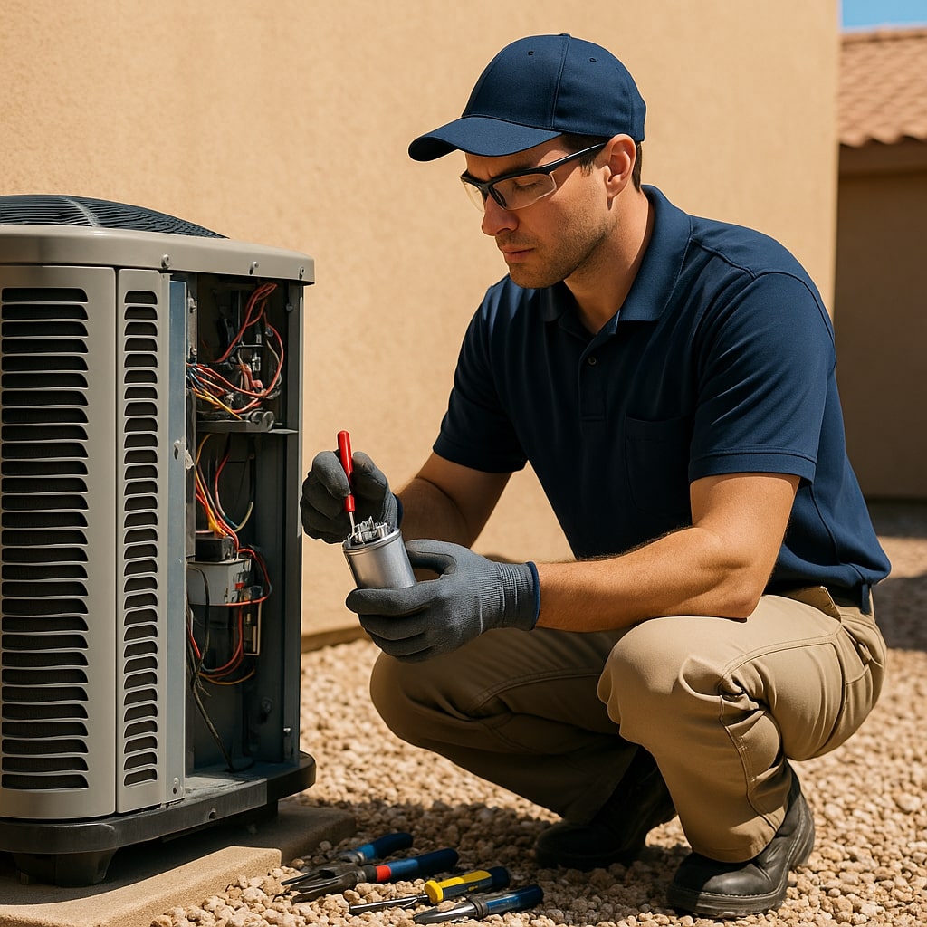 Technician repairing broken AC unit in Tempe with capacitor replacement