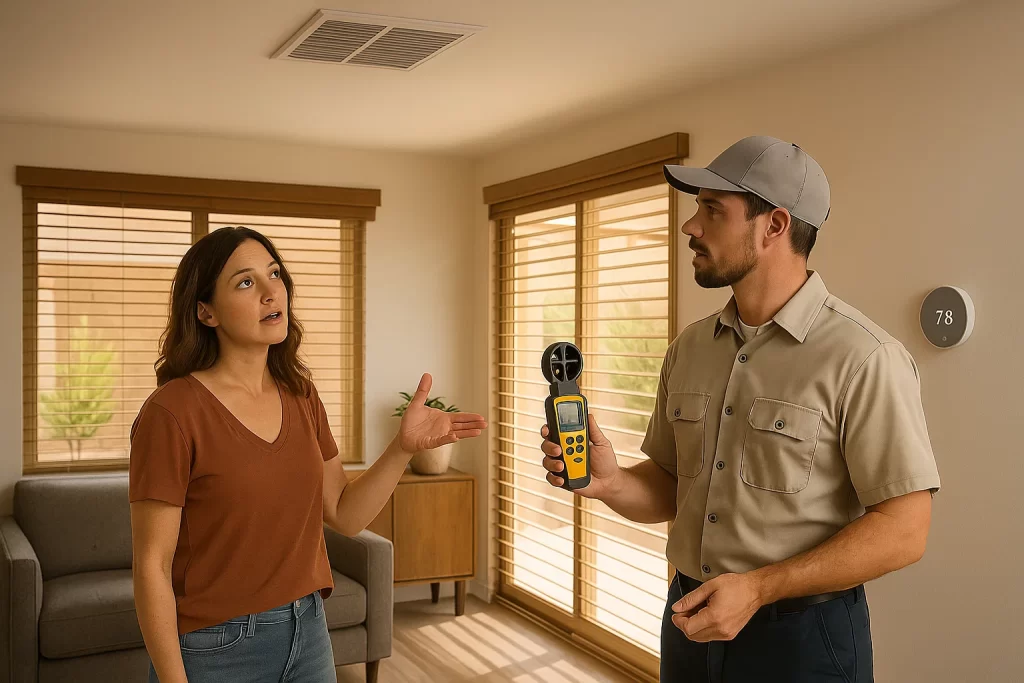 Homeowner and technician discuss airflow issues near vent in Arizona living room.