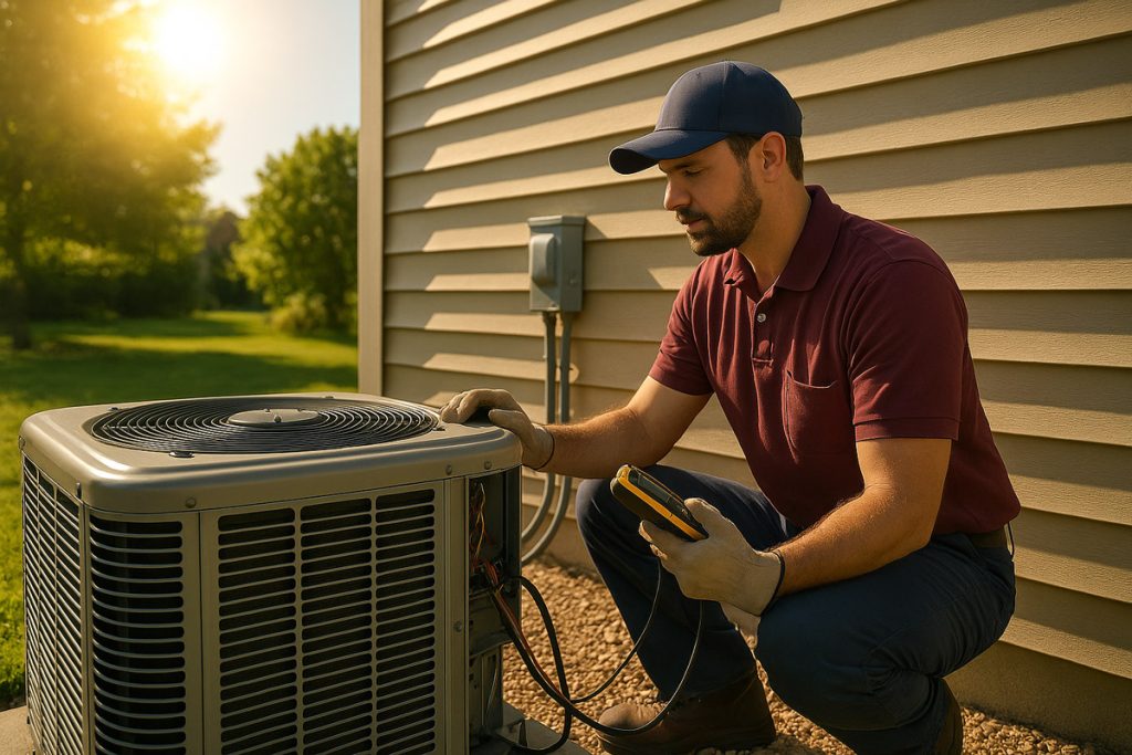 HVAC technician inspects an outdoor AC unit in bright sunlight with proper clearance, cleaning coils to prepare for summer heat.