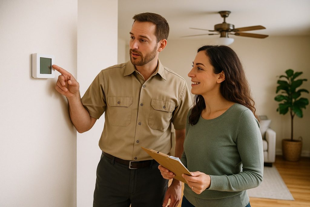 Homeowner discussing thermostat settings with HVAC technician in Tempe living room.