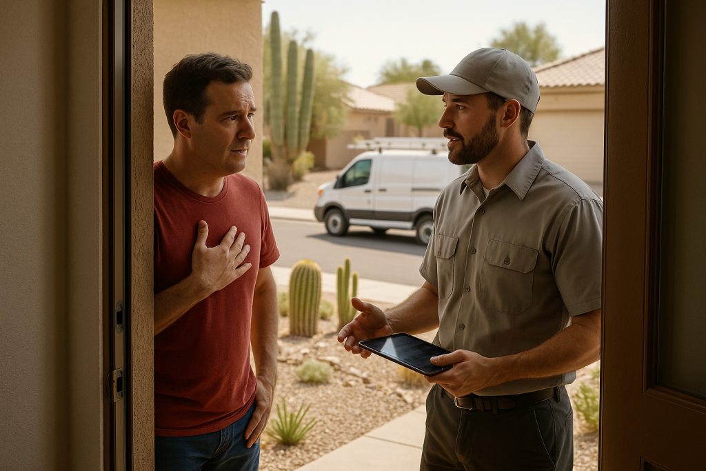Homeowner greeting HVAC technician for emergency AC repair in Tempe