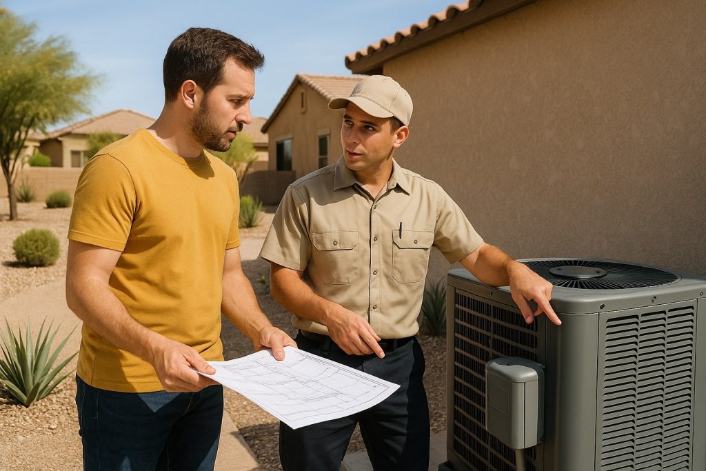 Tempe homeowner reviewing air conditioning installation plans with HVAC technician beside new outdoor unit
