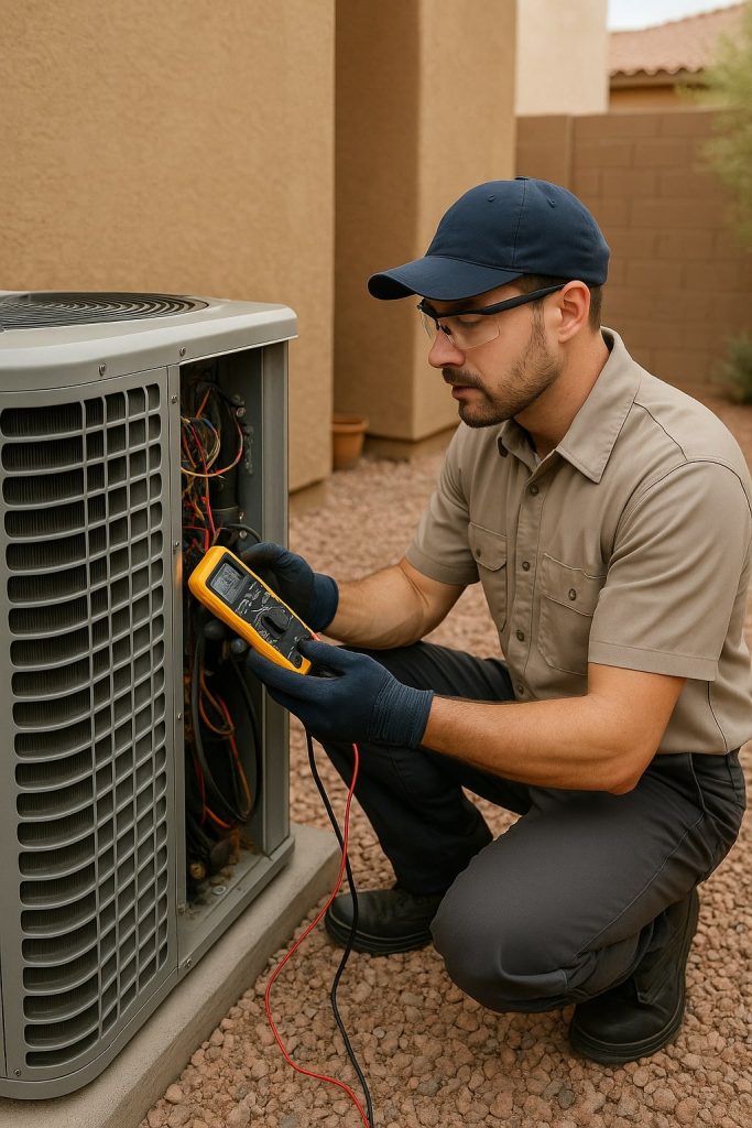 Technician testing outdoor heat pump unit with multimeter in Tempe backyard