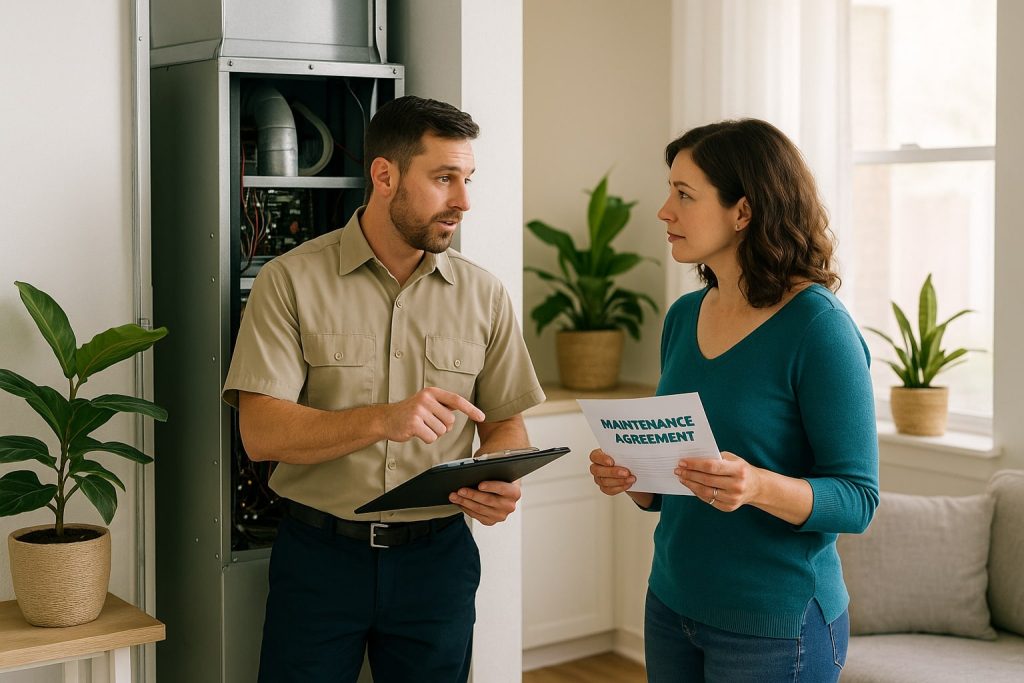 Tempe homeowner discussing seasonal AC maintenance plan with technician during indoor consultation