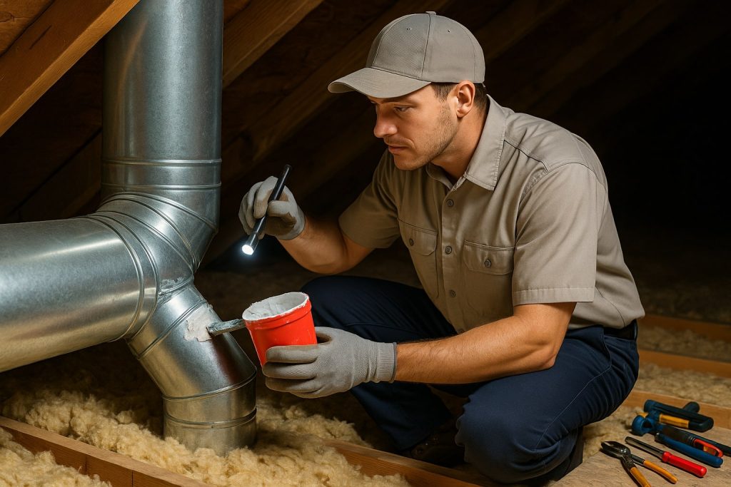 HVAC technician sealing attic ductwork during AC installation in Tempe home.