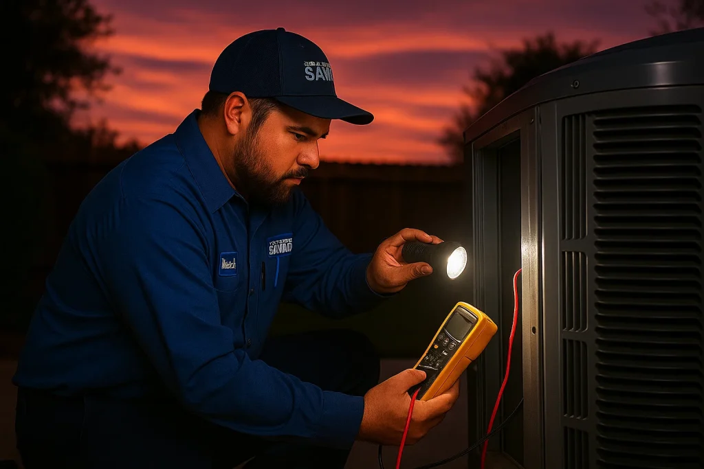 HVAC technician inspects outdoor unit at dusk using proper tools in California backyard