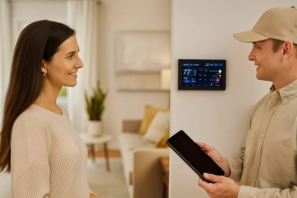 Homeowner admires designer touchscreen thermostat in stylish living room