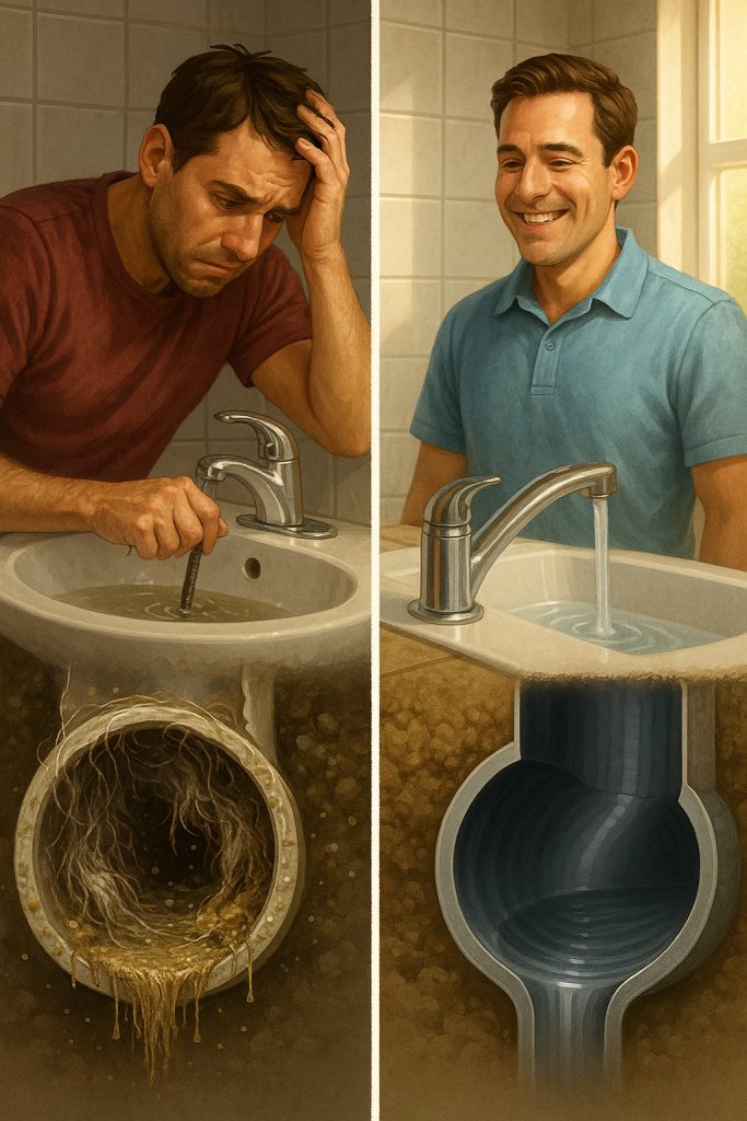 Before-and-after view of clogged versus cleaned drain in Tempe home