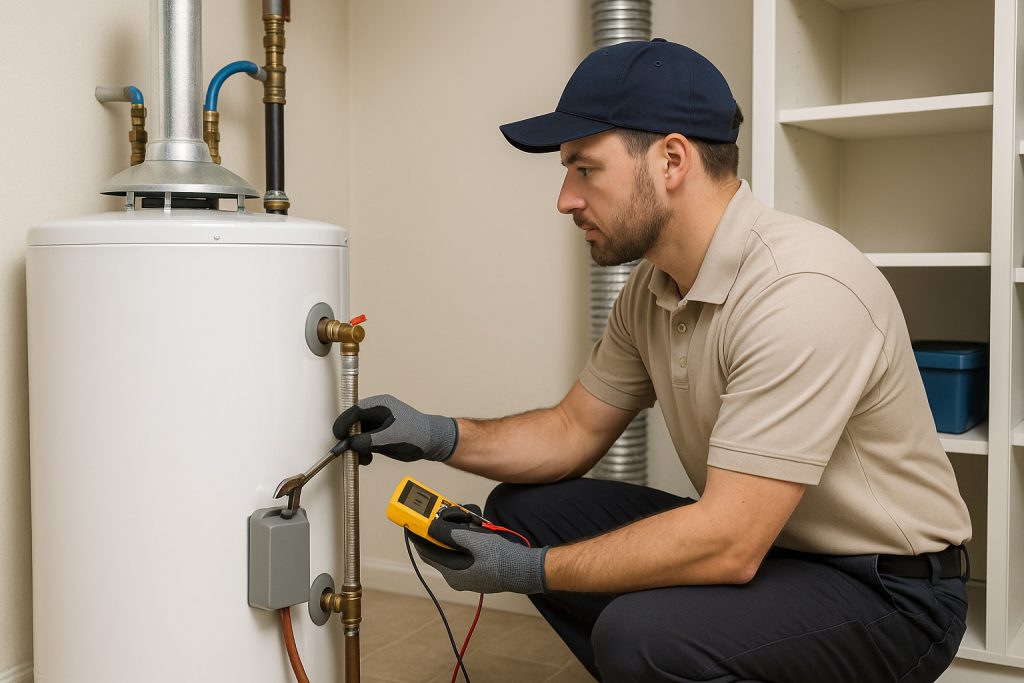 Technician testing water heater connections with a multimeter during maintenance.