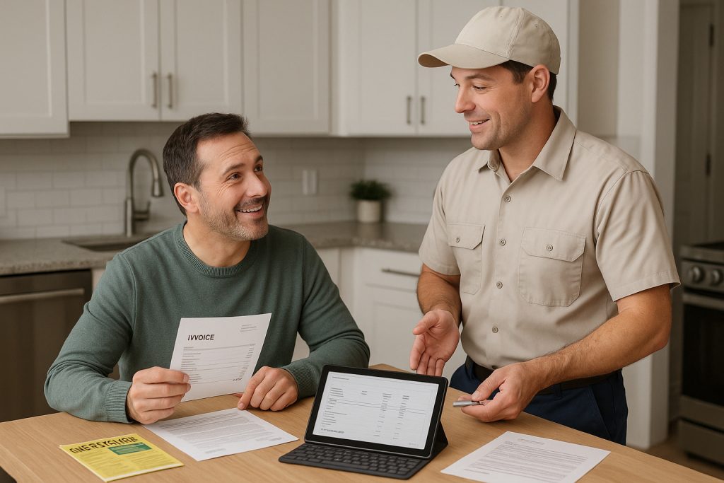 Homeowner reviewing invoice with technician using tablet at kitchen counter.