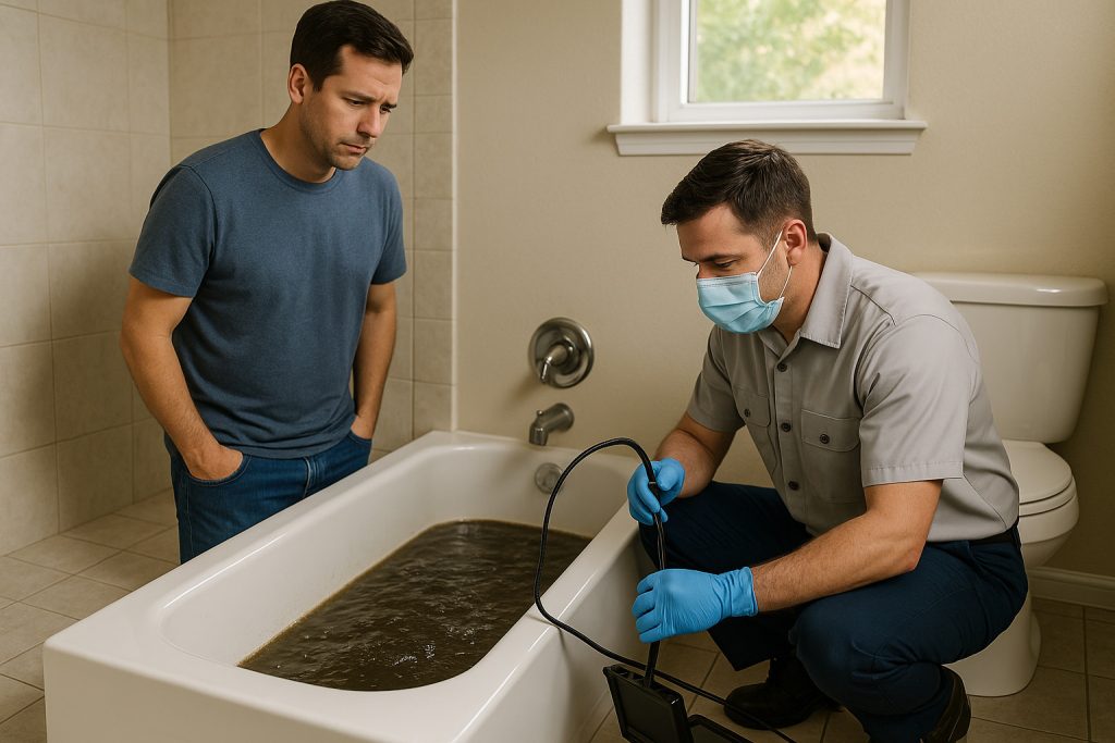 Plumber using inspection camera to diagnose clogged bathtub drain filled with dirty water.