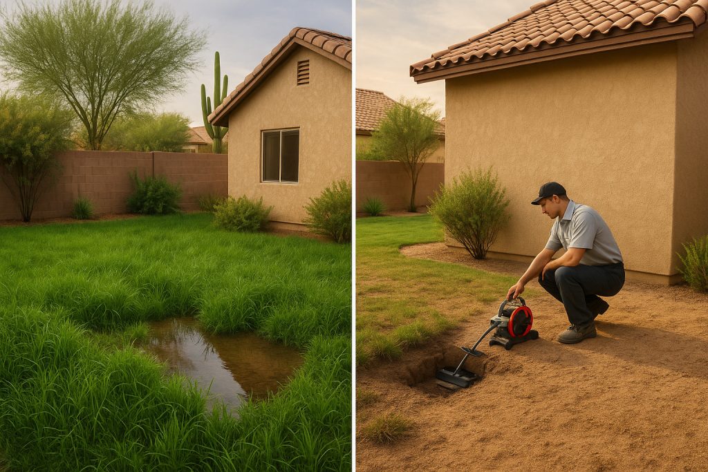 Side-by-side of flooded backyard and technician using equipment to locate underground water leak.