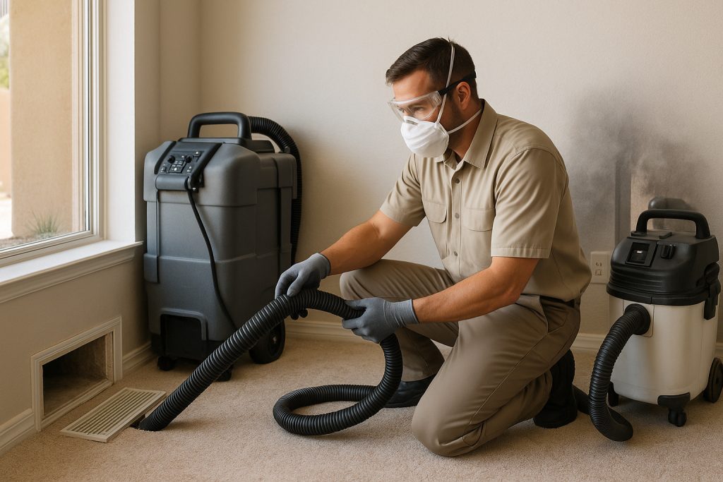 HVAC technician cleaning air ducts with professional equipment in Tempe home