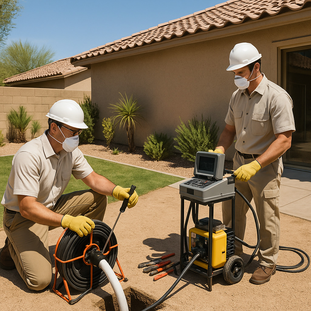 Technicians performing trenchless sewer repair at Tempe home