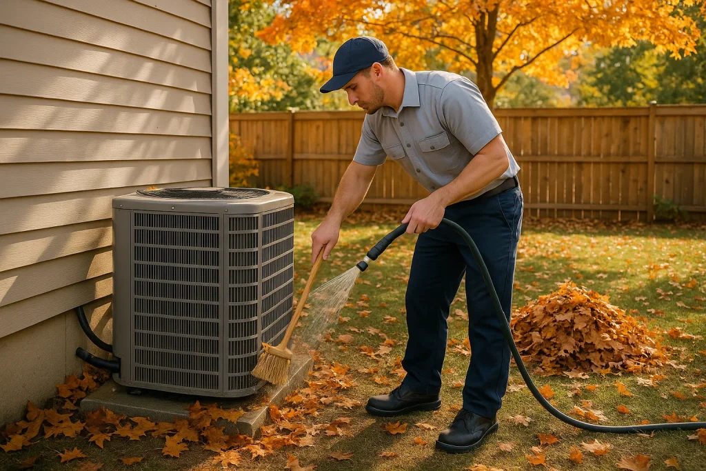 Technician cleaning debris around outdoor AC unit in fall to ensure proper airflow