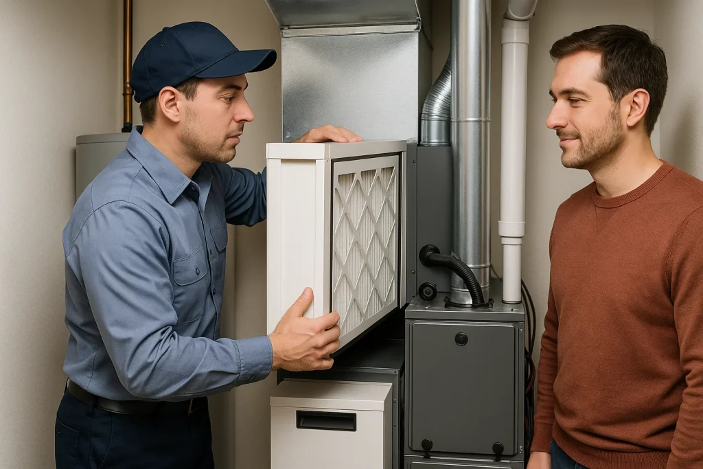 Technician installing whole-home filtration system near furnace unit