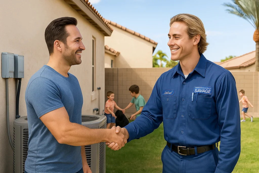 Savage HVAC technician and homeowner shaking hands on the side of the house