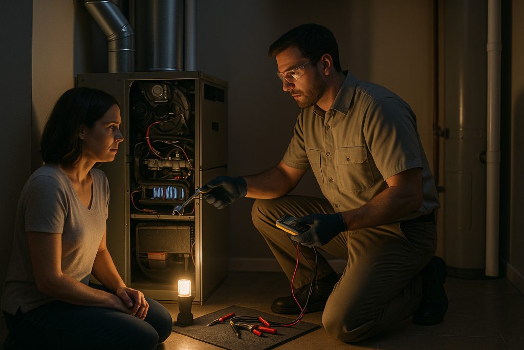 Technician performing emergency furnace repair in utility room at night with proper tools and lighting.