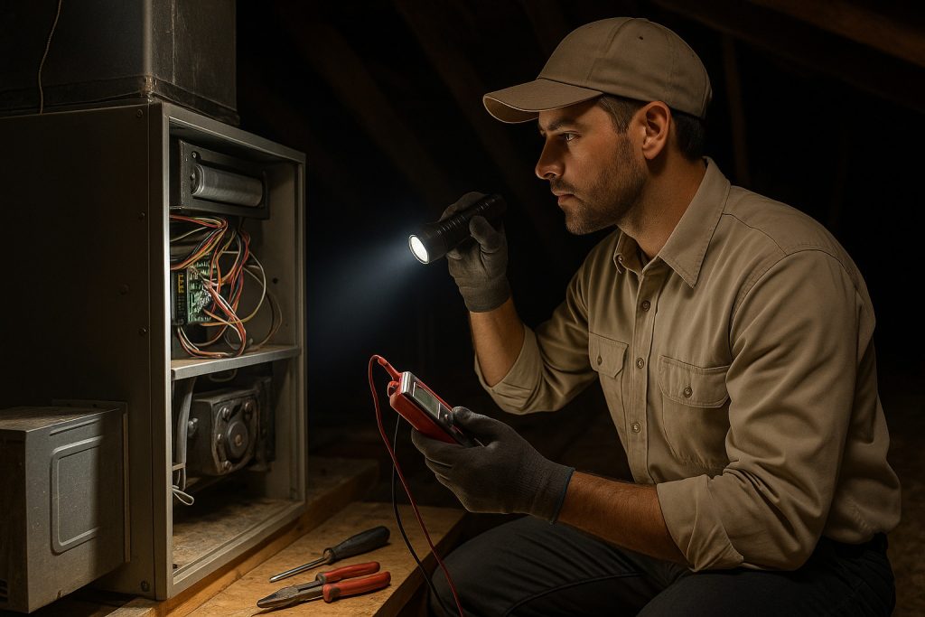HVAC technician inspecting a furnace unit with a flashlight and multimeter in an attic.