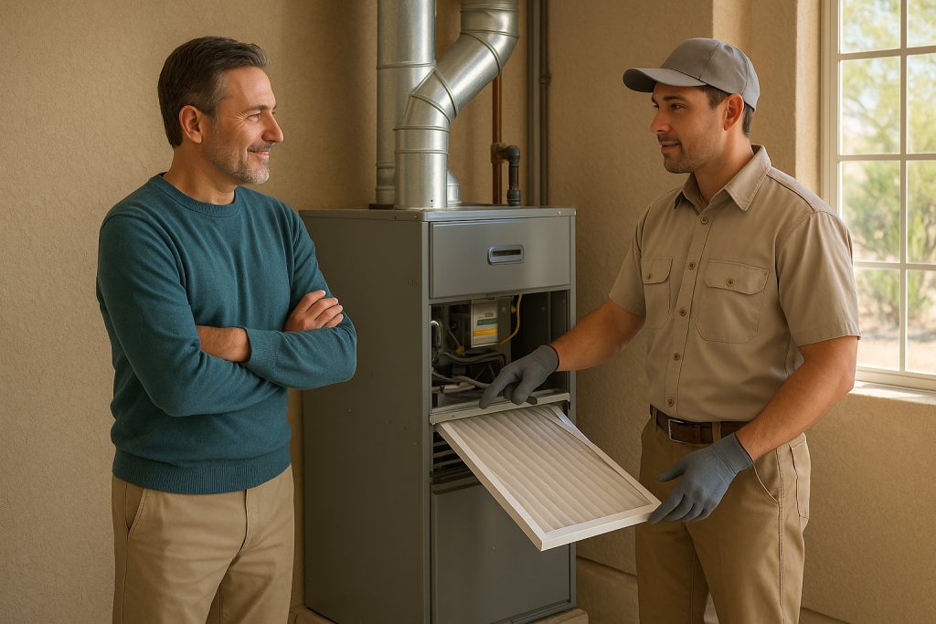 Homeowner and HVAC tech in Tempe review furnace filter in sunlit garage