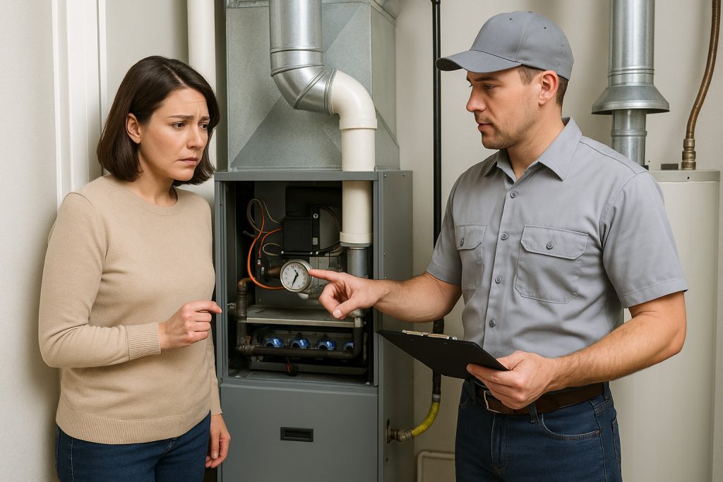 Homeowner and technician discussing gas furnace repair versus replacement in mechanical room.