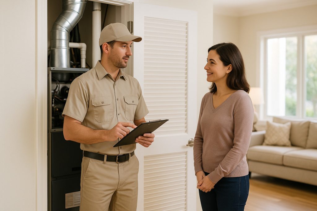 Homeowner and technician discussing furnace replacement options inside a Arizona. home