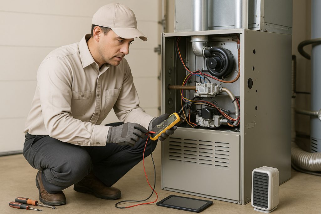 HVAC technician tests furnace components during winter repair in Tempe garage.