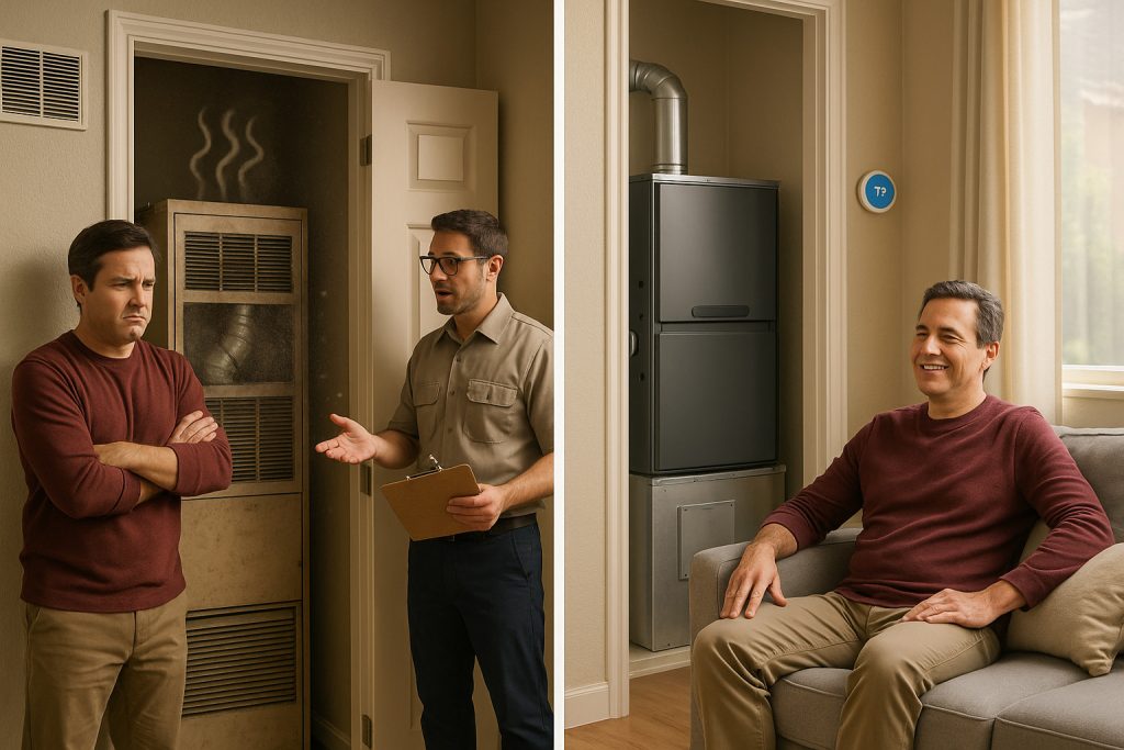 Side‑by‑side: older noisy heater vs upgraded modern heating system showing comfort and efficiency gains.