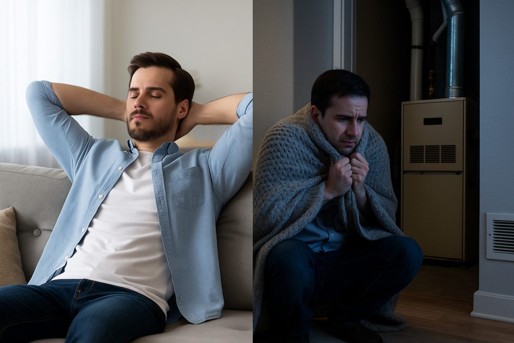 Side‑by‑side of comfortable home vs. struggling furnace scenario illustrating replacement timing.