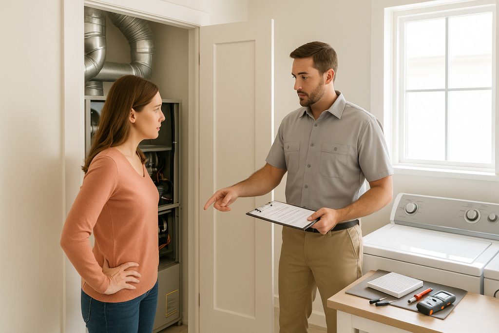 Homeowner and technician reviewing furnace tune‐up inspection in utility room.