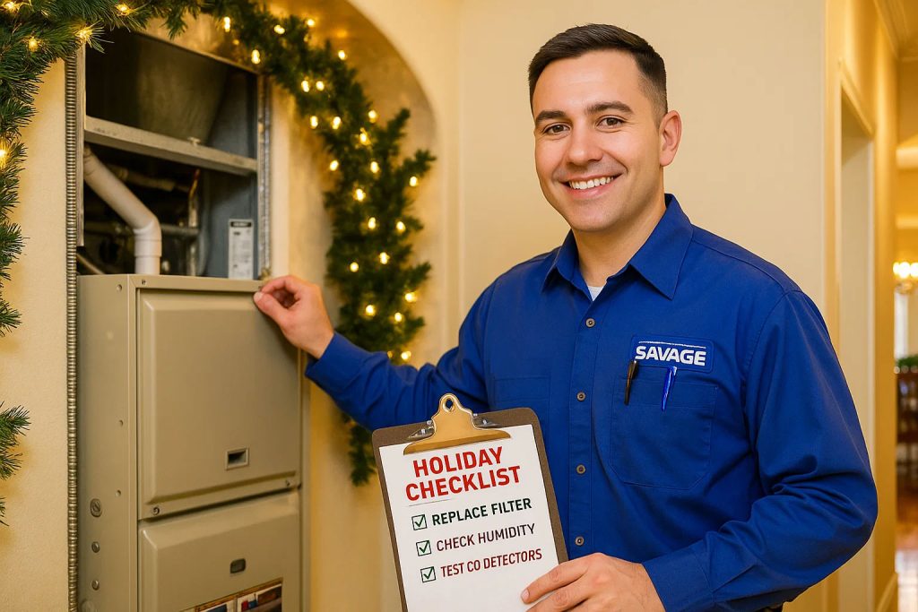 HVAC technician completing a holiday-season home maintenance checklist.