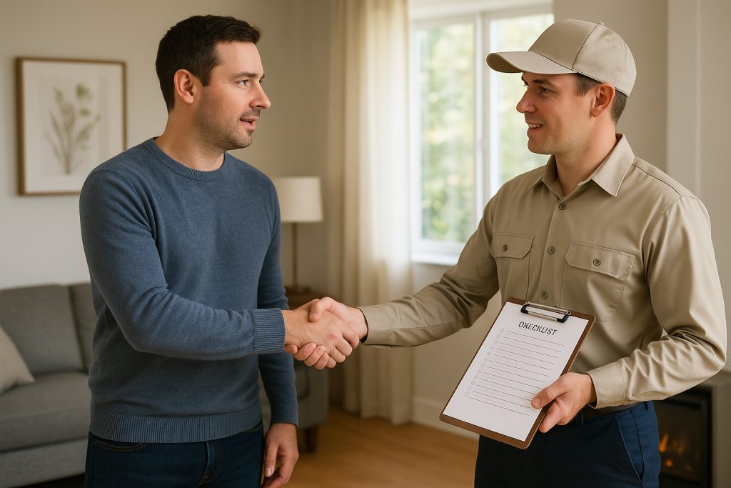 Homeowner and HVAC technician shaking hands over service checklist in living room.