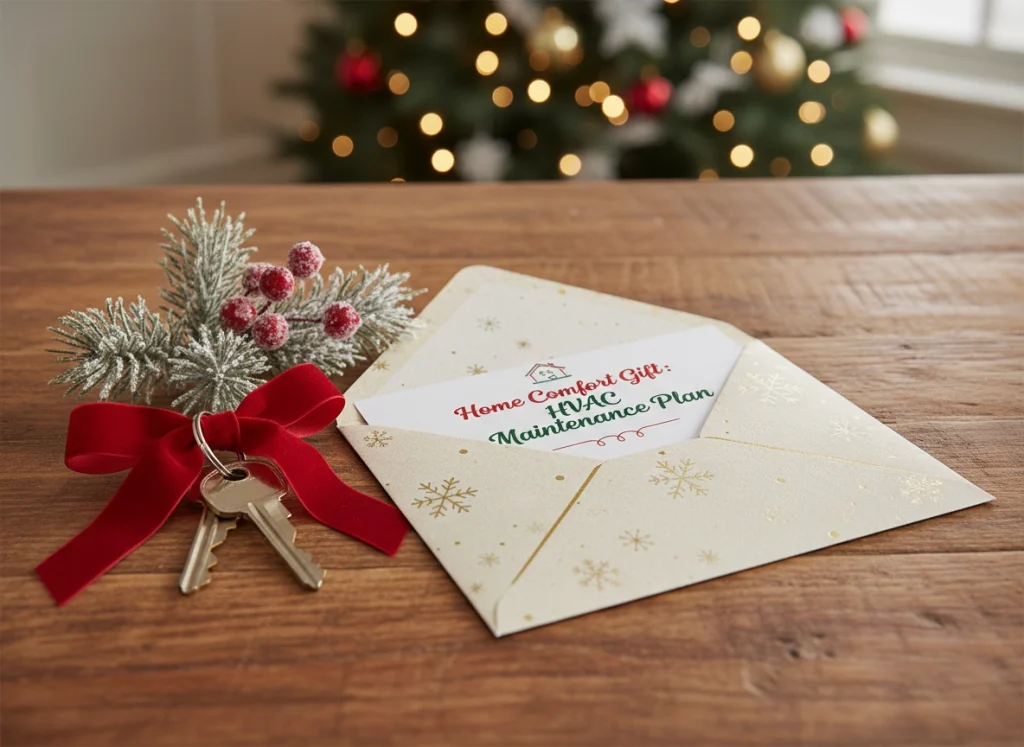 Envelope and house keys with ribbon labeled Home Comfort Gift HVAC plan on entryway table