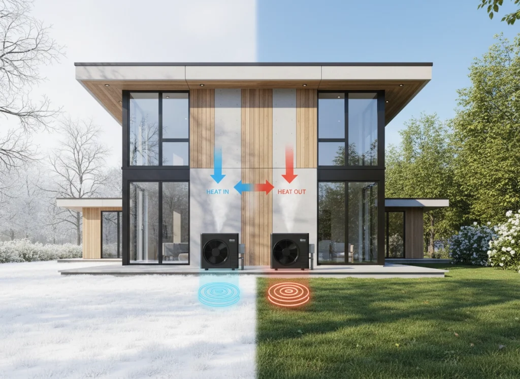 Split view of a modern home with a heat pump unit providing efficient heating in winter and cooling in summer.