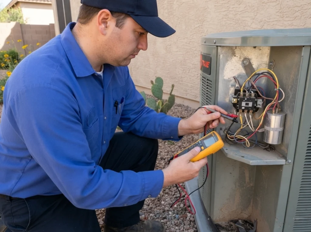 Savage HVAC technician checking AC electrical components before summer