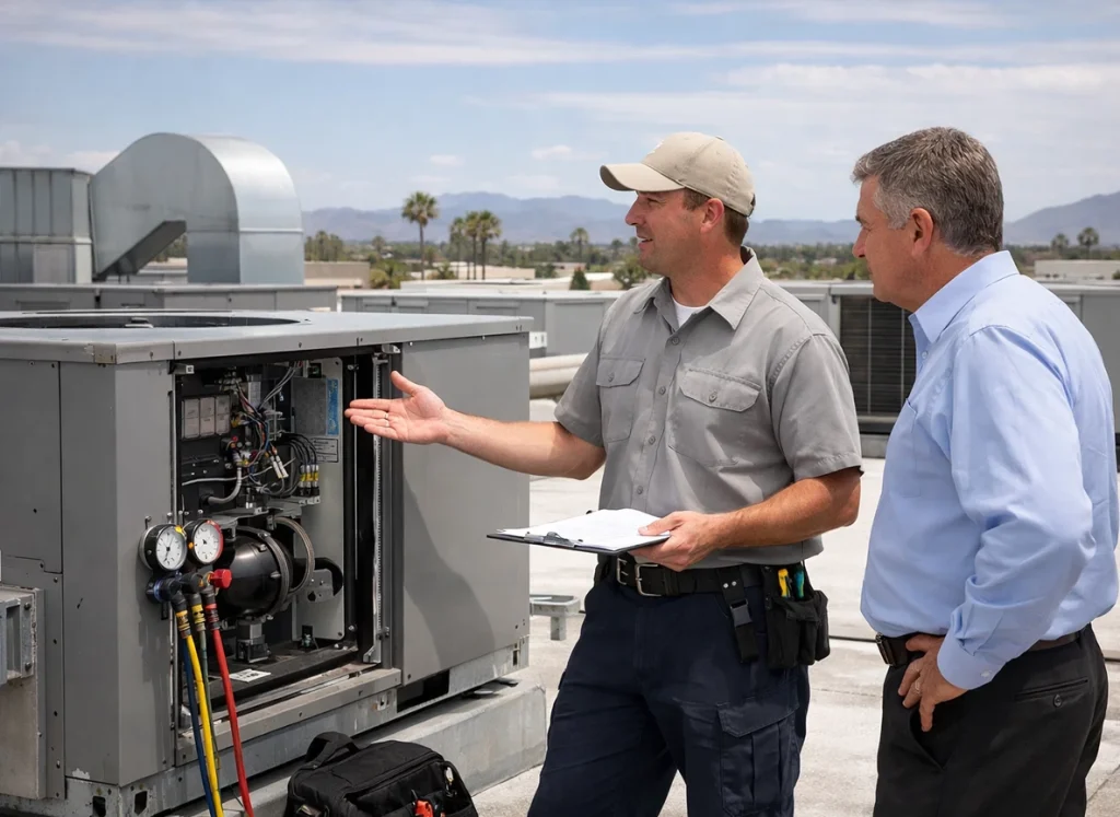 HVAC technician services rooftop unit during commercial preventive maintenance