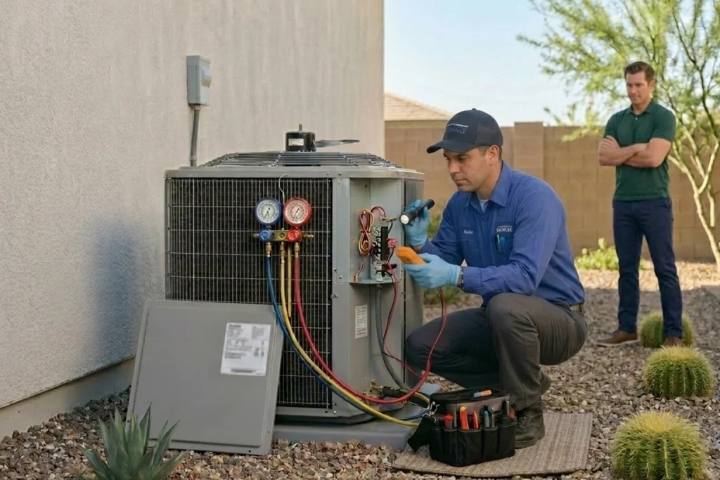 HVAC technician diagnosing noisy air conditioner
