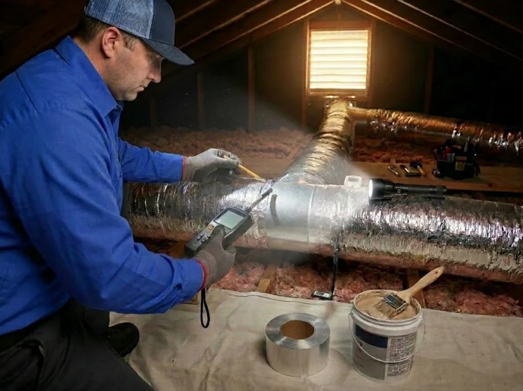 HVAC technician testing duct leaks causing uneven cooling
