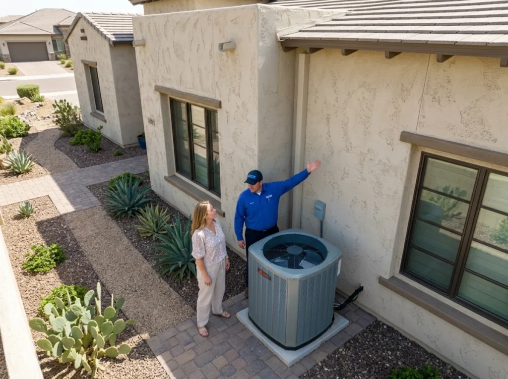 An HVAC tech and a homeowner on the side of a large Arizona home.
