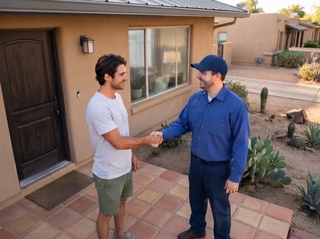 A Savage tech and a homeowner shaking hands.