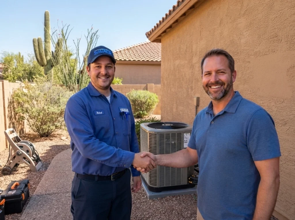 A savage HVAC technician in a homeowner shaking hands.