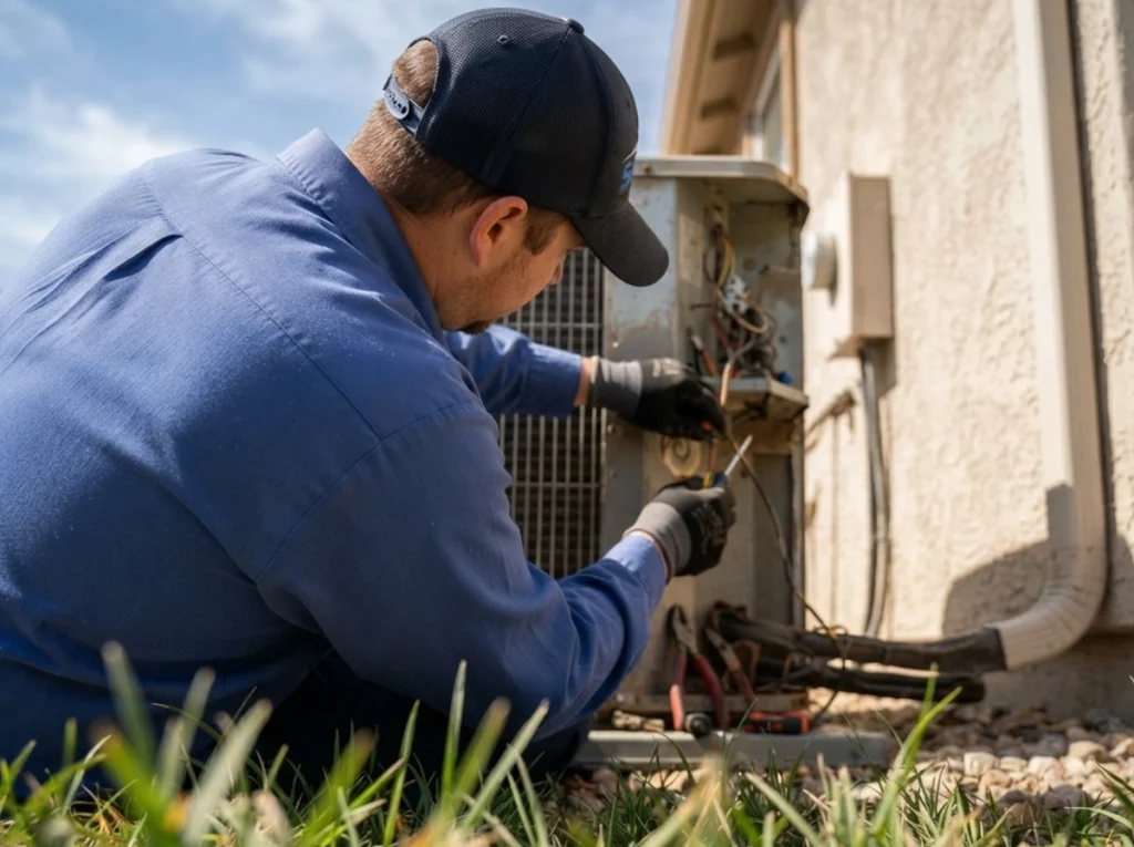 An HVAC technician working on an AC condenser unit on the side of a home.