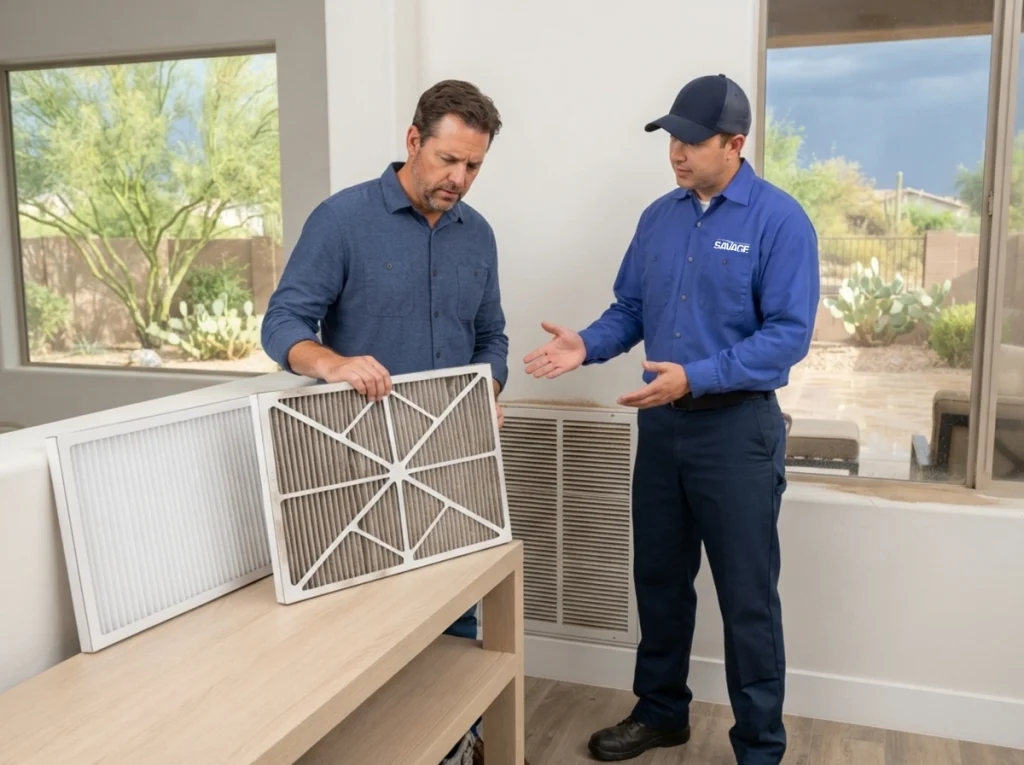 Scottsdale homeowner reviewing a dust-clogged HVAC filter after monsoon weather
