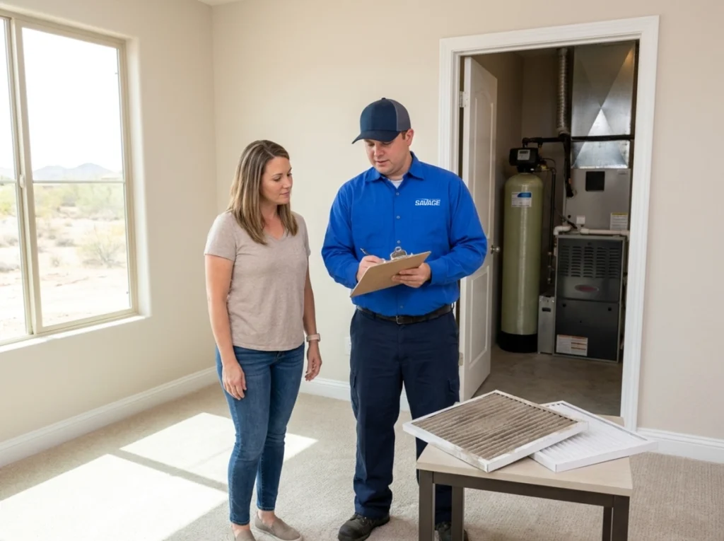 Tempe homeowner reviewing nursery air quality with a Savage HVAC technician
