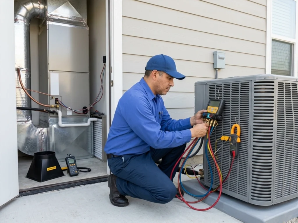 HVAC technician commissioning a newly installed residential heating and cooling system